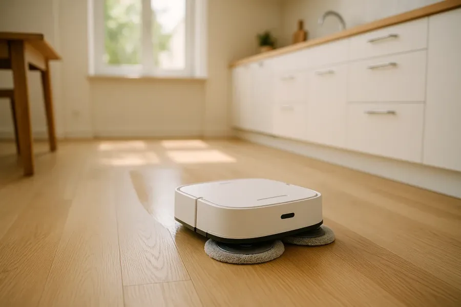 Illustration: en generisk hvid robotstøvsuger med roterende moppeplader vasker et lyst trægulv i et skandinavisk køkken