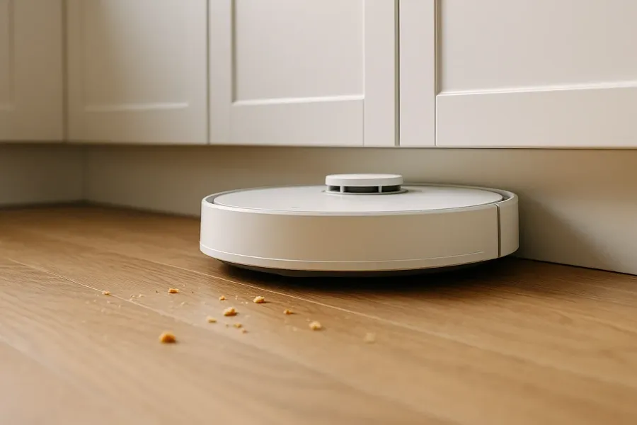 Illustration: en lav generisk hvid robotstøvsuger ved en køkkensokkel med krummer på gulvet foran
